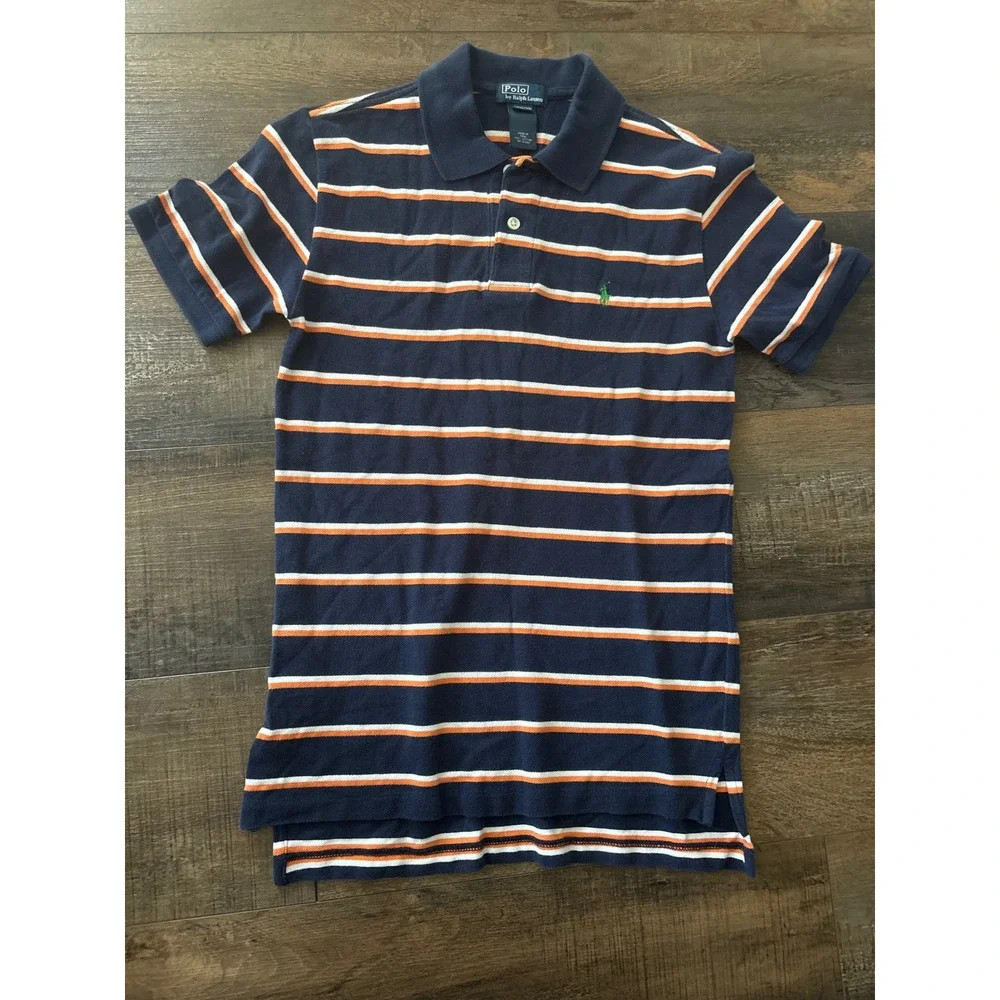 Polo Ralph Lauren Boys Navy Blue Orange Striped Polo Shirt Size M 12-14